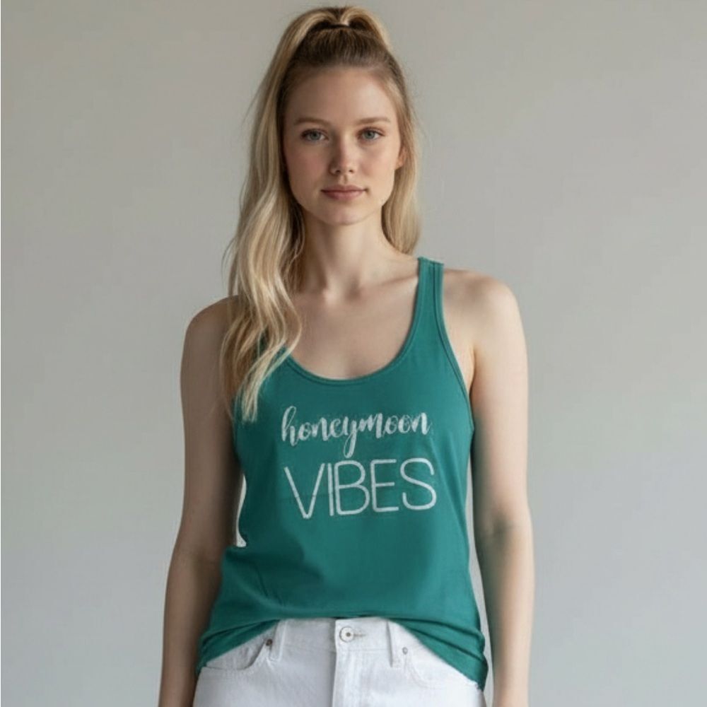 Honeymoon Vibes Tank, Teal Racerback  - Sz XL